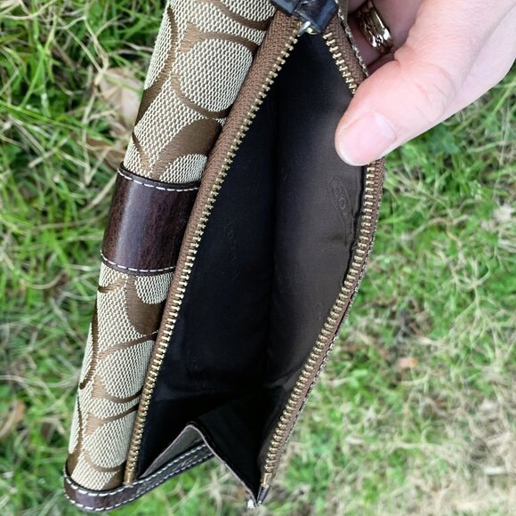 Coach Tri-Fold Wallet in Signature Canvas Khaki, Mahogany - Picture 7 of 9